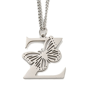 201 Stainless Steel Necklaces, Letter Z, 23.74 inch(60.3cm) p: 31.5x29x1.3mm