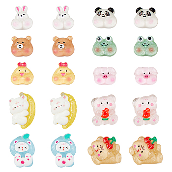 80Pcs 10 Style Translucent Resin Cabochons, Printed Animals and Glitter Animals, Mixed Color, 8~26x10~18x3.5~8mm, 8pcs/style