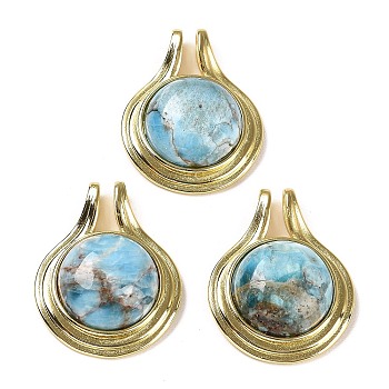 Natural Apatite Pendants, Flat Round Charms with Rack Plating Golden Tone Brass Findings, Cadmium Free & Lead Free, 28x22x8mm, Hole: 2x4mm