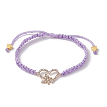 Alloy Rhinestone Heart Link Bracelet, Nylon Thread Braided Adjustable Bracelet, Lilac, Inner Diameter: 2-1/8~3-3/8 inch(5.5~8.6cm)