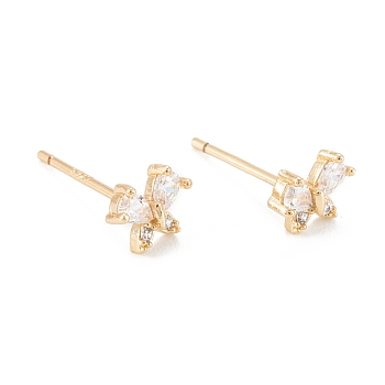 Brass Micro Pave Clear Cubic Zirconia Stud Earrings, with 925 Sterling Silver Pin, Butterfly, Real 14K Gold Plated, 5x6mm, Pin: 0.7mm