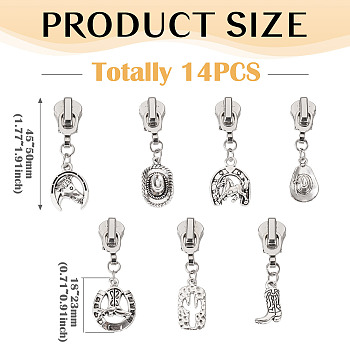14Pcs Alloy Replacement Zipper Sliders, with Alloy Pendants, Platinum, 45~50mm