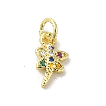 Real 18K Gold Plated Brass Pave Cubic Zirconia Pendants, with Jump Rings, Dragonfly, Colorful, 11.5x7x2mm, Hole: 3mm