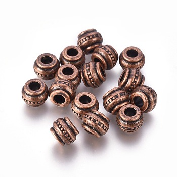 Tibetan Style European Beads, Barrel, Red Copper, Lead Free & Cadmium Free & Nickel Free, 9x9x7mm, Hole: 4mm