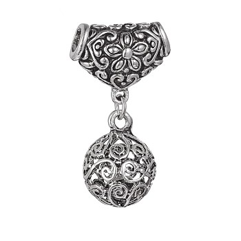 Tibetan Style Alloy European Dangle Charms, Large Hole Pendants, Round Bell, Antique Silver, 45mm, Hole: 5.5x5mm, Tube Bails: 20.5x24.5x11mm, Round: 24x18mm