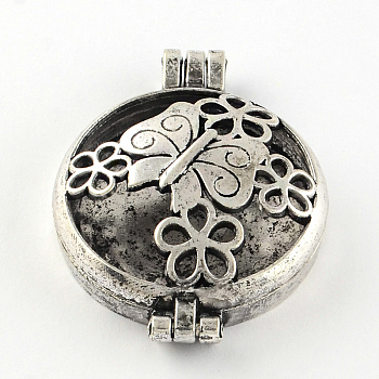 Rack Plating Hollow Brass Diffuser Locket Pendants, Flat Round with Butterfly, Antique Silver, 44x33x11mm, Hole: 3.5~4mm, inner measure: 30mm