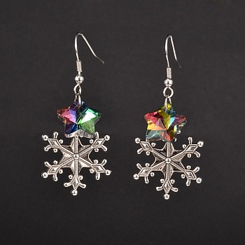 Christmas Alloy Snowflake Dangle Earrings, with Star Electroplated Glass Beads and Brass Earring Hooks, Colorful, 50mm, Pin: 0.7mm