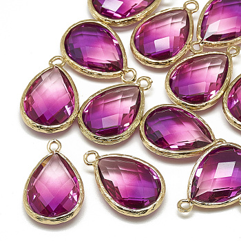Glass Pendants, with Golden Tone Brass Findings, Faceted, teardrop, Medium Violet Red, 23x15x7mm, Hole: 1.5~2mm