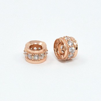 Brass Cubic Zirconia Beads, Rondelle, Rose Gold, 6x4mm, Hole: 3mm