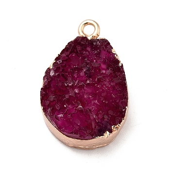 Resin Imitation Druzy Gemstone Pendants, Teardrop Charm, with Light Gold Tone Iron Findings and Paper Scrap Inside, Crimson, 24~25x16x9mm, Hole: 1.8mm