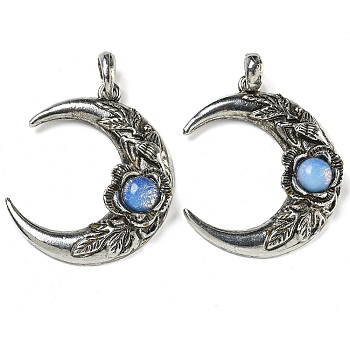 Opalite Pendants, Alloy Flower Crescent Moon Charms, Antique Silver, 43.5x35.5x8.5mm, Hole: 8x7mm