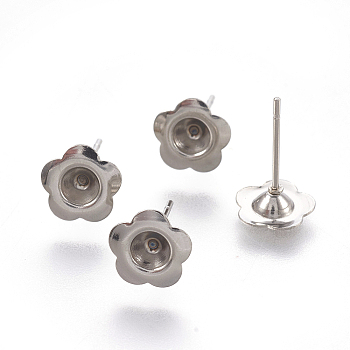 Tarnish Resistant 304 Stainless Steel Ear Stud Findings, 5-Petal, Flower, Stainless Steel Color, 13mm, Flower: 8x2mm, Tray: 3mm, Pin: 0.7mm