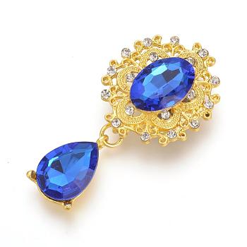 Alloy Flat Back Cabochons, with Acrylic Rhinestones, Oval and Teardrop, Golden, Faceted, Blue, 56x28x6mm, Pendant: 23x14x6mm