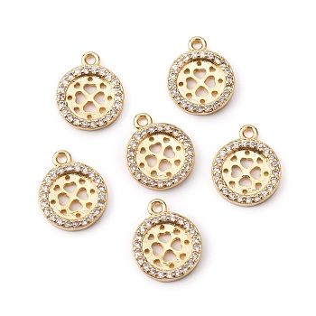 Brass Micro Pave Clear Cubic Zirconia Charms, Flat Round with Hollow-Out Heart, Golden, 13x11x2mm, Hole: 1.4mm
