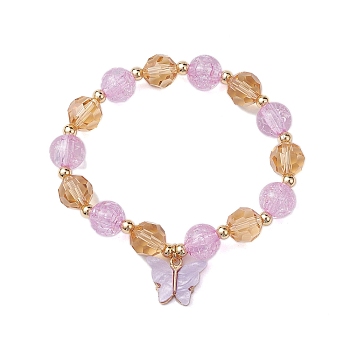 10mm Round Imitation Austrian Crystal & Crackle Acrylic Beaded Stretch Bracelets, Butterfly Alloy Acrylic Charm Bracelets for Women, Orchid, Inner Diameter: 1-7/8 inch(4.8cm)