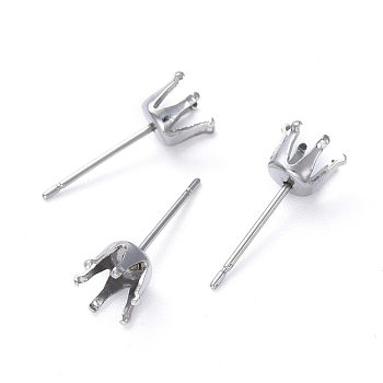 304 Stainless Steel Post Stud Earring Settings, Prong Earring Setting, Stainless Steel Color, 6mm, Pin: 0.6mm, Tray: 4mm