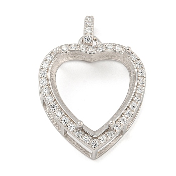 925 Sterling Silver Pendant Cabochon Settings, Prong Settings, with Cubic Zirconia, Rhinestone Claw Settings, Prong Settings, Heart, Real Platinum Plated, 21x18x10mm, Tray: 4x2mm