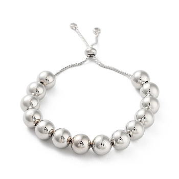 Adjustable Brass Round Beaded Slider Bracelets, with Box Chains, Platinum, Inner Diameter: 2-1/8~3-7/8 inch(5.3~9.8cm)