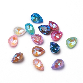 Glass Rhinestone Cabochons, Mocha Fluorescent Style,  Pointed Back, Faceted, Teardrop, Mixed Color, 14x10x6mm