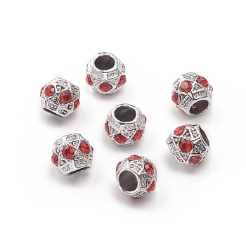 Alloy Rhinestone European Beads, Large Hole Beads, Rondelle, Siam, Silver Color Plated, 11x9mm, Hole: 5mm