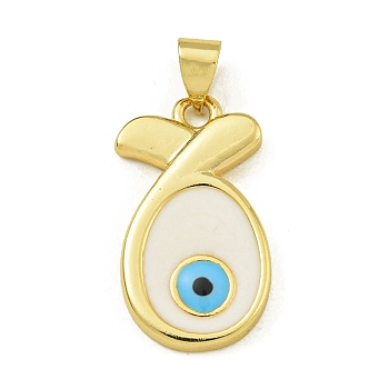 Rack Plating Brass Enamel Pendants, Lead Free & Cadmium Free, Real 18K Gold Plated, Jesus Fish with Evil Eye Charm, Floral White, 22x12.5x2.5mm, Hole: 4.5x3.5mm