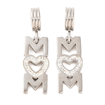 Mother's Day 304 Stainless Steel MOM European Dangle Charms, Polymer Clay Rhinestone Heart Large Hole Pendant, Stainless Steel Color, 27.5mm, Hole: 4.5mm, Pendant: 18x8x2mm