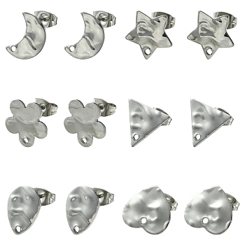 12Pcs 6 Styles 304 Stainless Steel Stud Earring Findings, Mixed Shapes, 12x9~13.5mm, Hole: 1.4mm, Pin: 10.5x0.5mm, 2pcs/style