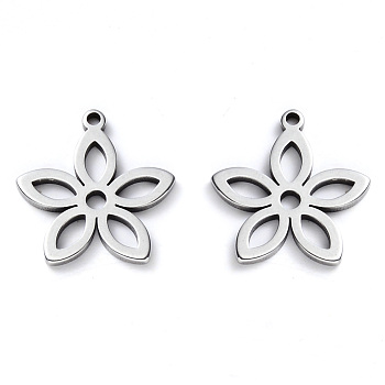 304 Stainless Steel Pendants, Laser Cut, Flower, Stainless Steel Color, 16x15x1mm, Hole: 1.2mm