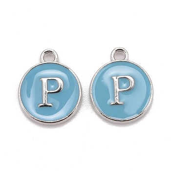 Platinum Plated Alloy Enamel Charms, Cadmium Free & Lead Free, Enamelled Sequins, Flat Round with Letter, Sky Blue, Letter.P, 14x12x2mm, Hole: 1.5mm