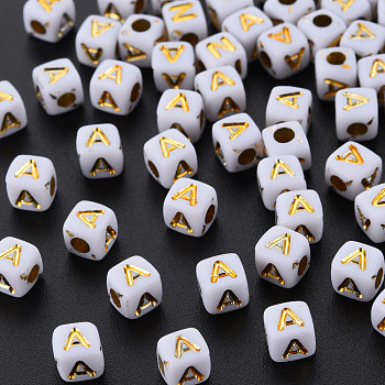 Opaque White Acrylic Beads, Metal Enlaced, Cube with Letters, Letter.A, 4.5mm, Hole: 2mm, about 5000pcs/500g