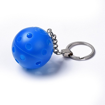 Plastic Pickleball Keychain, with Iron Ring, Round, Blue, 11.8cm