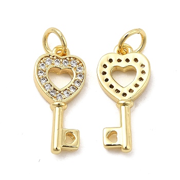 Brass Micro Pave Clear Cubic Zirconia Pendants, with Jump Ring, Heart Key Charm, Real 18K Gold Plated, 17.5x8x2.5mm, Hole: 3.5mm