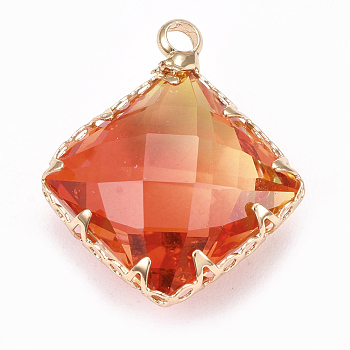 K9 Glass Pendants, Imitation Tourmaline, with Brass Findings, Faceted, Rhombus, Golden, Colorful, 19.5x16x7mm, Hole: 1.5mm