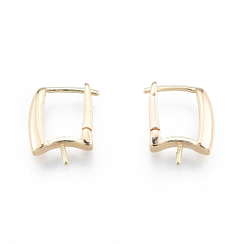 Ion Plating(IP) Brass Hoop Earring Findings with Latch Back Closure, for Half Drilled Beads, Rectangle, Real 18K Gold Plated, 16x13x3mm, Pin: 0.8mm