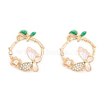 Rack Plating Alloy Enamel Pendants, with Rhinestone, Light Gold, Ring with Butterfly Charm, Misty Rose, 31x26x3.5mm, Hole: 1.4mm(FIND-A040-04KCG-03)