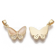 Brass Micro Pave Cubic Zirconia Charms, with Cat Eye, Nickel Free, Butterfly, Real 18K Gold Plated, PeachPuff, 13x17x3mm, Hole: 5x2.5mm(KK-S354-134-NF)