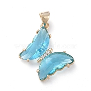 Brass Micro Pave Clear Cubic Zirconia Pendants, with Glass, Butterfly, Golden, Sky Blue, 24x21.5x4mm(ZIRC-P079-D01-15)