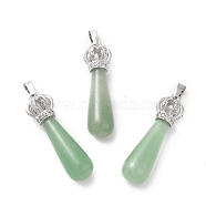 Natural Green Aventurine Pendants, Teardrop Charms, with Brass Crystal Rhinestone Crown Findings, Platinum, Cadmium Free & Lead Free, 36~39x9.5~11mm, Hole: 5x8mm(G-G976-01P-11)