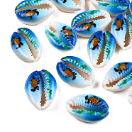 Printed Cowrie Shell Beads, No Hole/Undrilled, Sea Turtle Pattern, Dodger Blue, 17.5~21.5x12~14.5x5.5~7.5mm(X-SSHEL-T013-01B)