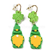 Saint Patrick's Day Polymer Clay Clover Dangle Stud Earrings, Golden 304 Stainless Steel Earrings, Lime Green, 75x21mm(EJEW-Q784-01G-01)