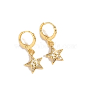 Golden Brass Micro Pave Clear Cubic Zirconia Leverback Earrings, with Enamel, Golden, Star, 28x12mm(PW-WG6EB17-05)