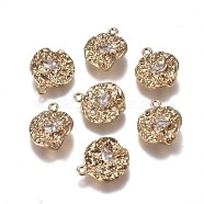 Brass Charms, with Clear Cubic Zirconia, Texture, Flat Round, Real 18K Gold Plated, 12x10x2.5mm, Hole: 1mm(ZIRC-I030-09G)