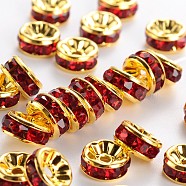 Brass Rhinestone Spacer Beads, Grade AAA, Straight Flange, Nickel Free, Golden Metal Color, Rondelle, Siam, 8x3.8mm, Hole: 1.5mm(RB-A014-Z8mm-22G-NF)