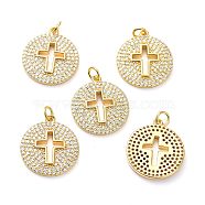 Brass Micro Pave Clear Cubic Zirconia Pendants, with Jump Ring, Long-Lasting Plated, Flat Round with Cross, Real 18K Gold Plated, 22x19x2.5mm, Jump Rings: 5x1mm, 3mm Inner Diameter(ZIRC-L100-100G)