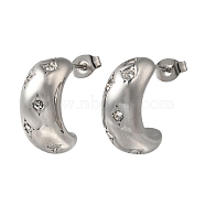 304 Stainless Steel & Rhinestones C-Shaped Stud Earrings for Women, Stainless Steel Color, 18x8mm(EJEW-S237-11)