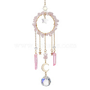 Natural Rose Quartz Chip Pendant Decorations with Brass Moon & Cable Chain & Electroplated Quartz Crystal Tassel, Faceted Round Glass Crystal Ball & Star Prism Suncatchers, 278mm(HJEW-JM01650-04)