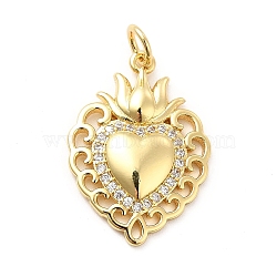 Rack Plating Brass Micro Pave Cubic Zirconia Pendants, Sacred Heart Charm, Mexican Milagro Flaming Holy Heart Pendant, Long-Lasting Plated, with Jump Rings, Cadmium Free & Lead Free, Real 18K Gold Plated, 23x16x2.5mm, Hole: 3mm(X-KK-K270-16G)