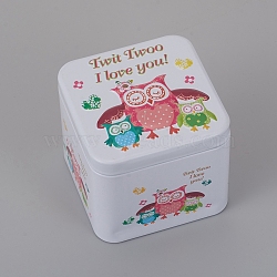 Tinplate Storage Box, Jewelry Box, for DIY Candles, Dry Storage, Spices, Tea, Candy, Party Favors, Square with Owl Twit Twoo Pattern, White, 7.5x7.5x6.5cm(CON-G005-C05)
