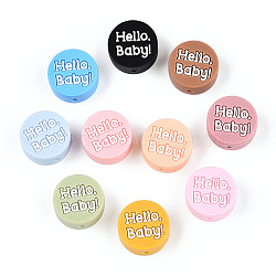 Word Hello Baby Print Pattern Silicone Beads, Flat Round, Mixed Color, 20x9.5mm, Hole: 2.5mm(SIL-N005-06)