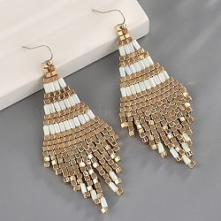 Boho Seed Bead Rhombus Tassel Earrings, Iron Dangle Earring for Women, Platinum, White, 88x38mm(EJEW-Z072-02C)